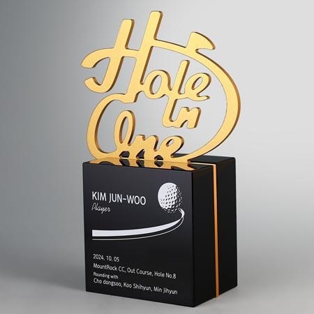 메탈&크리스탈 홀인원패 입니다. 돌출되는 메탈 조형물로 Hole In One 글자를 형상화하였습니다.