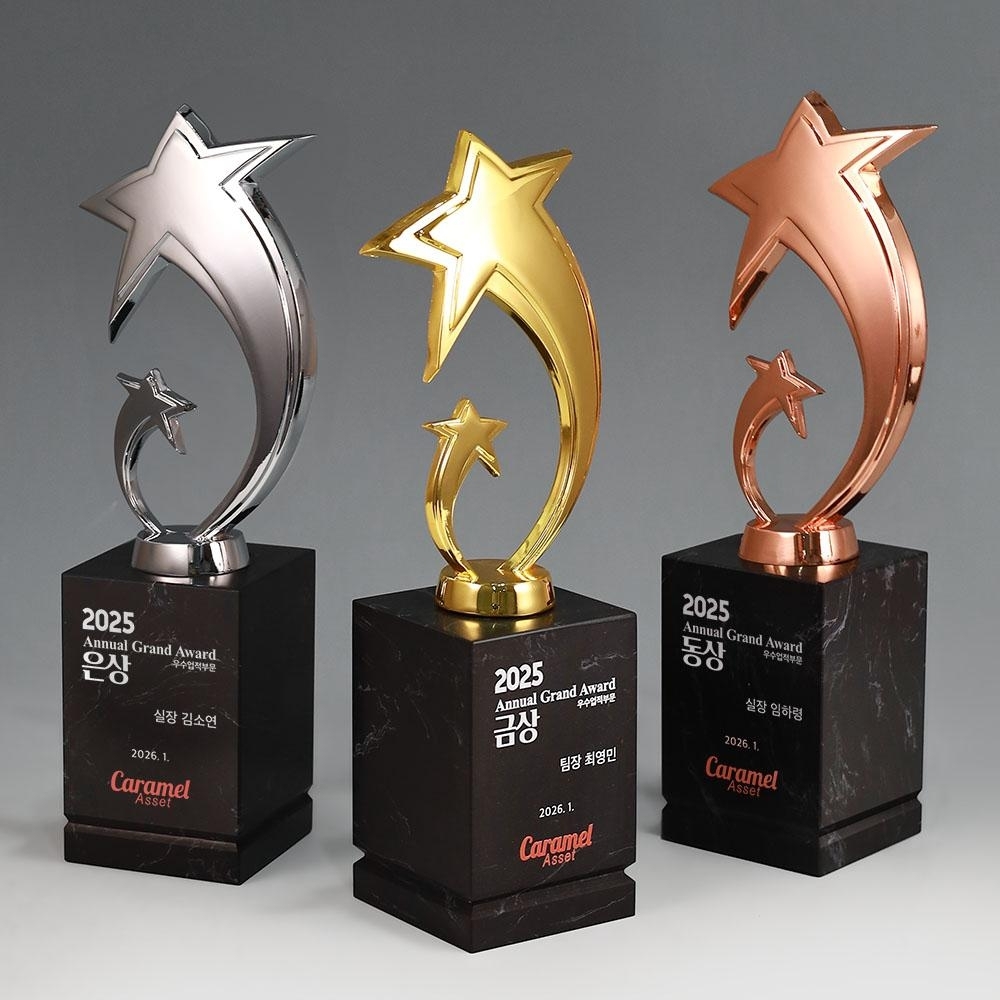 유니크한 별 조형의 상단부와 고급스러운 블랙 천연대리석 베이스가 조합된 디자인으로, 시상식 트로피 및 스포츠 트로피 제작에 적합한 금색, 은색, 동색 트로피시리즈 입니다.
