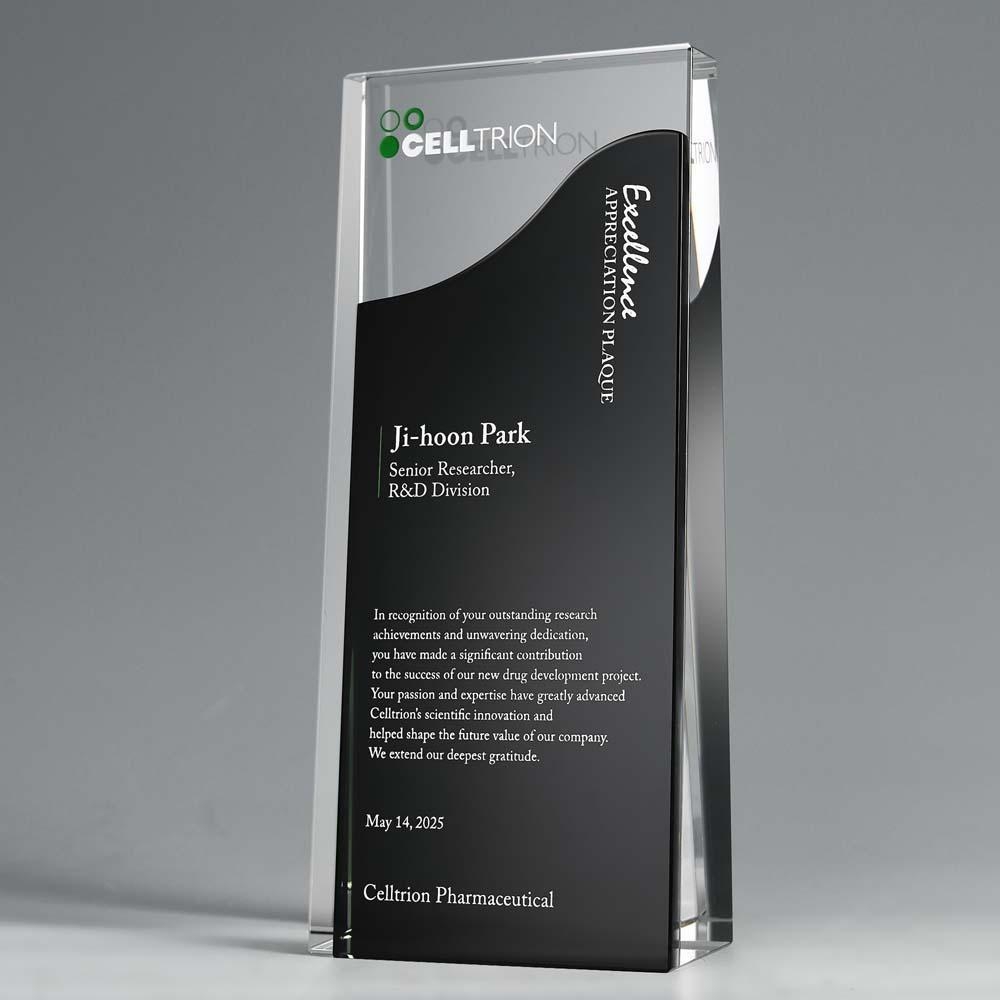 블랙 포인트와 곡선형 물결 디자인이 어우러진 고급 상패입니다. 감사패, 공로패, 트로피, 재직기념패로 활용하기 적합한 현대적 스타일입니다.